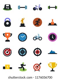 Color and black flat icon set - pedestal vector, barbell, bike, run, heavy, clock, target, mountains, award cup