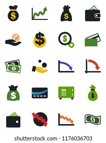 Color and black flat icon set - safe vector, dollar sign, money bag, crisis graph, cash, credit card, wallet, growth, search, investment