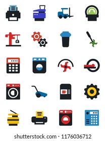 Color and black flat icon set - coffee machine vector, washer, fork loader, gear, ripper, lawn mower, tomography, printer, copier, crane, water filter, combination lock