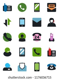 Color and black flat icon set - phone vector, mobile, office, 24 hours, support, cell, radio, mail, call, data exchange
