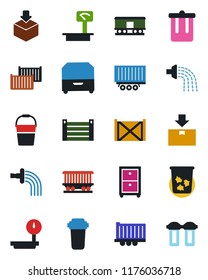 Color and black flat icon set - trash bin vector, bucket, watering, railroad, truck trailer, cargo container, package, heavy scales, archive box, water filter