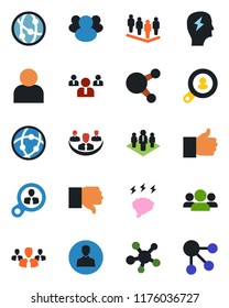 Color and black flat icon set - team vector, brainstorm, network, share, group, finger up, down, user, company, client search, consumer, social media