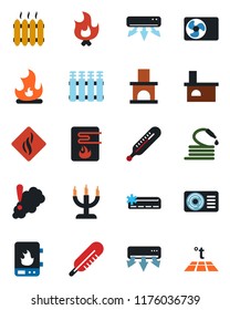 Color and black flat icon set - fire vector, hose, fireplace, thermometer, heater, air conditioner, candle, water, smoke detector, radiator, warm floor