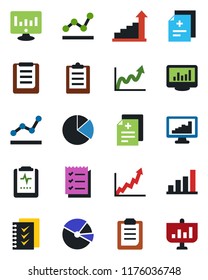 Color and black flat icon set - growth statistic vector, monitor, diagnosis, pulse clipboard, statistics, bar graph, pie, checklist, point, presentation