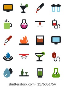 Color and black flat icon set - hot cup vector, dropper, flammable, monitor, alcohol, drink, cocktail, water, filter, sprinkler, flask