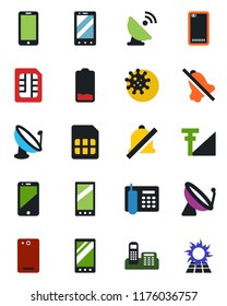 Color and black flat icon set - satellite antenna vector, mobile phone, virus, cell, low battery, back, sim, mute, cellular signal, office, sun panel