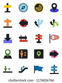 Color and black flat icon set - elevator vector, escalator, signpost, right arrow, left, wind, radar, route, pin, download, place tag, compass, flag, guidepost