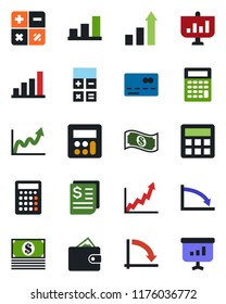 Color and black flat icon set - credit card vector, growth statistic, calculator, crisis graph, receipt, bar, wallet, cash, presentation