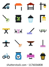 Color and black flat icon set - cafe vector, ladder car, rake, garden light, picnic table, fertilizer, bike, restaurant, alcove, outdoor lamp