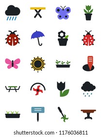 Color and black flat icon set - umbrella vector, sun, flower in pot, ripper, butterfly, lady bug, seedling, rain, plant label, picnic table, tulip