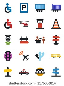 Color and black flat icon set - airport tower vector, plane radar, taxi, bus, parking, passport control, signpost, alarm car, border cone, helicopter, disabled, route, traffic light, truck trailer