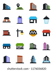 Color and black flat icon set - taxi vector, shop, office building, garden light, navigation, store, city house, cafe, storefront