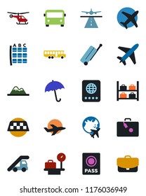 Color and black flat icon set - plane vector, runway, taxi, suitcase, airport bus, umbrella, passport, ladder car, helicopter, seat map, luggage storage, scales, globe, mountains, case