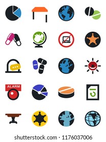 Color and black flat icon set - no laptop vector, ticket office, globe, document reload, pills, earth, pie graph, table, police, alarm led