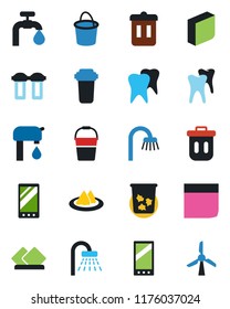 Color and black flat icon set - trash bin vector, shower, bucket, tooth, mobile, blank box, water supply, bathroom, serviette, filter, windmill