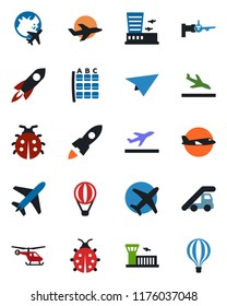 Color and black flat icon set - plane vector, departure, arrival, ladder car, boarding, helicopter, seat map, globe, airport building, lady bug, rocket, paper, air balloon