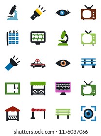 Color and black flat icon set - barrier vector, tv, alarm car, seat map, bench, monitor pulse, microscope, eye, torch, plan, alcove, scan