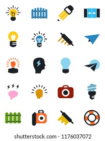 Color and black flat icon set - automatic door vector, brainstorm, bulb, camera, pencil, fence, rolling pin, energy saving, shining head, idea, paper plane, crisis management