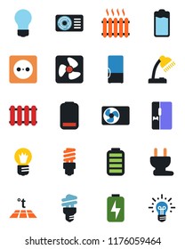 Color and black flat icon set - bulb vector, battery, low, charge, desk lamp, heater, air conditioner, fridge, socket, power plug, fan, radiator, warm floor, energy saving, idea