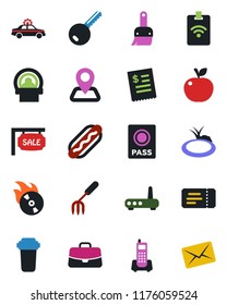 Color and black flat icon set - ticket vector, alarm car, passport, case, garden fork, pond, tomography, navigation, office phone, flame disk, themes, sale, key, restaurant receipt, hot dog, router