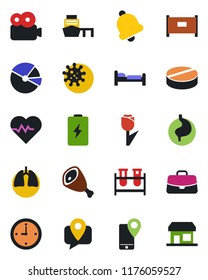 Color and black flat icon set - fence vector, bed, case, heart pulse, blood test vial, pills, stomach, lungs, virus, mobile tracking, sea port, tulip, bell, video, clock, pie graph, ham, battery