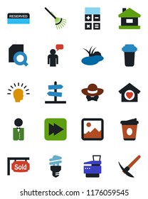 Color and black flat icon set - speaking man vector, calculator, coffee, rake, pond, fast forward, gallery, document search, copier, house, sold signboard, sweet home, waiter, reserved, dress code