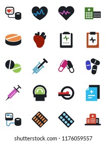 Color and black flat icon set - heart pulse vector, diagnosis, syringe, blood pressure, pills, blister, tomography, real, clipboard, hospital