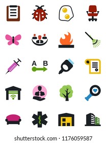 Color and black flat icon set - waiting area vector, rake, tree, butterfly, lady bug, syringe, heart diagnostic, ambulance star, client, clipboard, flammable, route, hdmi, company, warehouse