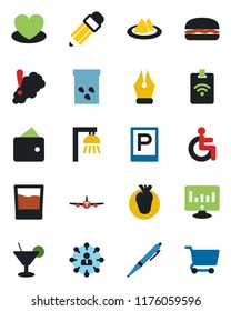 Color and black flat icon set - parking vector, plane, hierarchy, statistic monitor, seeds, heart, disabled, real, ink pen, pencil, serviette, drink, cocktail, hamburger, smoke detector, pass card