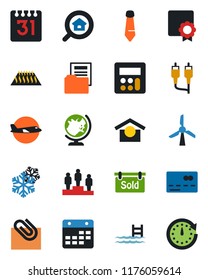 Color and black flat icon set - credit card vector, globe, plane, pedestal, tie, warehouse storage, rca, calculator, calendar, sertificate, paper clip, document folder, pool, sold signboard, clock