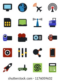 Color and black flat icon set - plane radar vector, antenna, settings, video camera, monitor, share, phone back, mobile, sim, notebook pc, copier, air conditioner, router, fingerprint, rocket, earth
