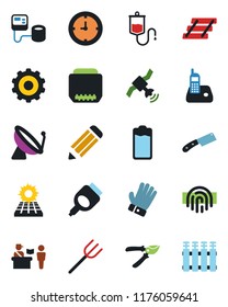 Color and black flat icon set - satellite antenna vector, passport control, gear, pencil, farm fork, pruner, glove, blood pressure, dropper, clock, radio phone, battery, hdmi, fingerprint id, knife
