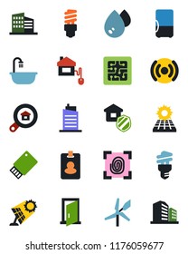 Color and black flat icon set - sun panel vector, office building, estate search, bathroom, city house, insurance, home control, chip, fingerprint, wireless, water, energy saving bulb, fridge, door