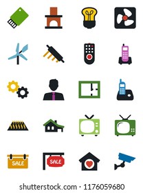 Color and black flat icon set - tv vector, fireplace, office phone, radio, house with garage, plan, sale, estate agent, sweet home, rolling pin, fan, remote control, gear, warm floor, bulb, windmill