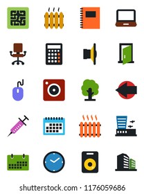 Color and black flat icon set - left arrow vector, airport building, mouse, tree, syringe, speaker, laptop pc, mobile camera, calendar, copybook, clock, heater, chip, door, office chair, calculator