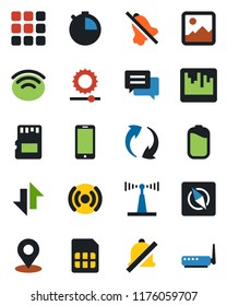 Color and black flat icon set - mobile phone vector, antenna, menu, message, update, gallery, stopwatch, scanner, sd, sim, data exchange, wireless, mute, brightness, place tag, compass, battery