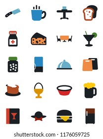 Color and black flat icon set - pills bottle vector, fridge, dish, restaurant table, wine card, cocktail, coffee, beer, egg stand, bread, cafe, dress code, chicken, hamburger, bowl, cutting board