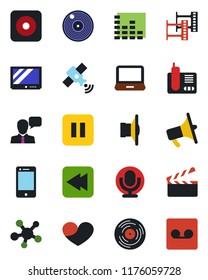 Color and black flat icon set - clapboard vector, film frame, vinyl, satellite, speaker, loudspeaker, equalizer, tv, microphone, cell phone, laptop pc, radio, share, heart, pause button, rewind, rec