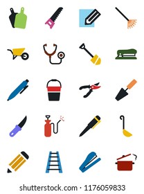 Color and black flat icon set - pen vector, job, pencil, trowel, rake, ladder, wheelbarrow, bucket, pruner, saw, garden knife, sprayer, stethoscope, stapler, ladle, cutting board, steaming pan