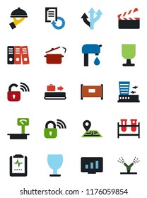 Color and black flat icon set - fence vector, baggage conveyor, airport building, statistic monitor, document reload, blood test vial, pulse clipboard, route, navigation, fragile, heavy scales