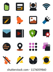 Color and black flat icon set - menu vector, gallery, protect, calculator, clock, bell, mail, sd, network, notes, wireless, torch, mute, place tag, face id, video, battery, sertificate, update