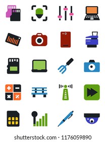 Color and black flat icon set - antenna vector, camera, calculator, notebook pc, garden fork, bench, barcode, fast forward, phone back, tuning, sd, sim, face id, cellular signal, copier, pen