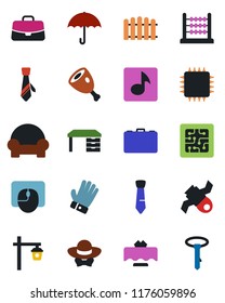 Color and black flat icon set - case vector, mouse, desk, fence, glove, garden light, satellite, umbrella, music, abacus, tie, cushioned furniture, restaurant table, dress code, ham, chip