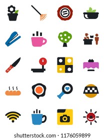 Color and black flat icon set - taxi vector, passport control, coffee, stamp, flower in pot, rake, heart diagnostic, heavy scales, photo gallery, application, stapler, fruit tree, wireless, salad