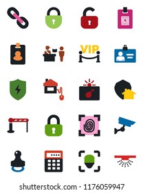Color and black flat icon set - barrier vector, passport control, bomb in case, lock, identity card, chain, protect, face id, stamp, vip zone, home, fingerprint, combination, pass, surveillance