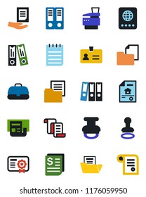 Color and black flat icon set - passport vector, identity, stamp, contract, office binder, notepad, document, receipt, folder, news, paper, copier, estate, case, certificate