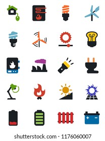 Color and black flat icon set - factory vector, fire, battery, low, torch, brightness, desk lamp, windmill, home control, power plug, water heater, radiator, bulb, energy saving, sun panel