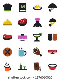 Color and black flat icon set - coffee vector, cook, dish, alcohol, restaurant table, serviette, cafe, hat, menu, reserved, cocktail, waiter, salt and pepper, receipt, steak, ham, bowl