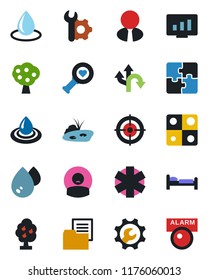 Color and black flat icon set - bed vector, statistic monitor, water drop, heart diagnostic, ambulance star, patient, route, folder document, application, root setup, target, pond, fruit tree