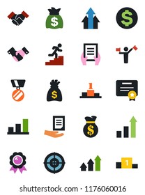 Color and black flat icon set - dispatcher vector, handshake, growth statistic, dollar sign, medal, money bag, document, bar graph, target, career ladder, arrow up, certificate, pedestal